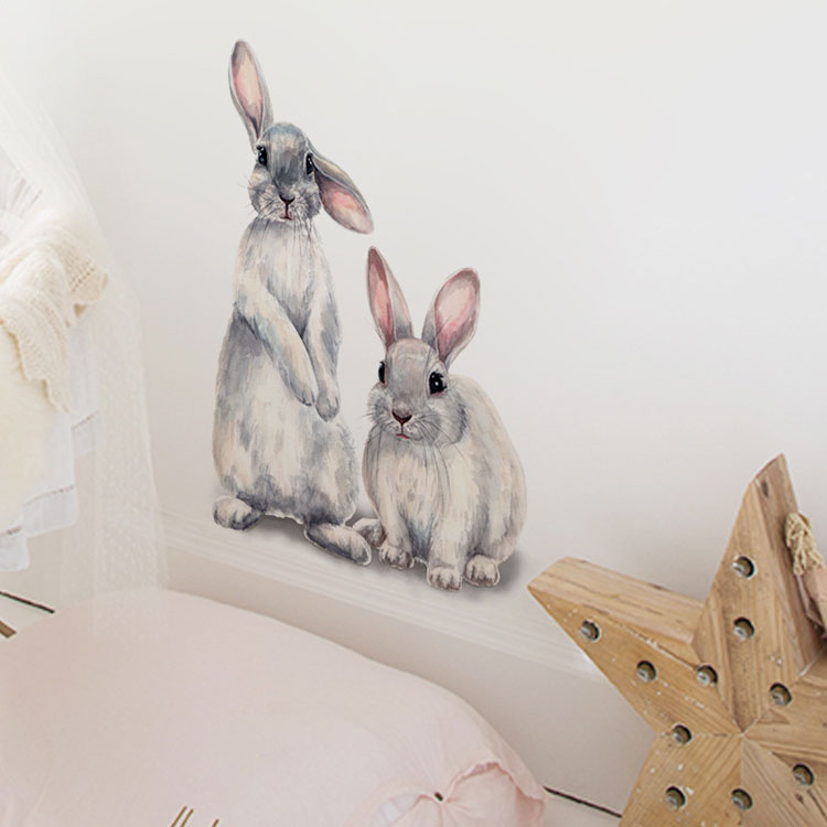 Two cute rabbits Wall sticker Children's kids room home decoration removable wallpaper living room bedroom mural bunny stickers