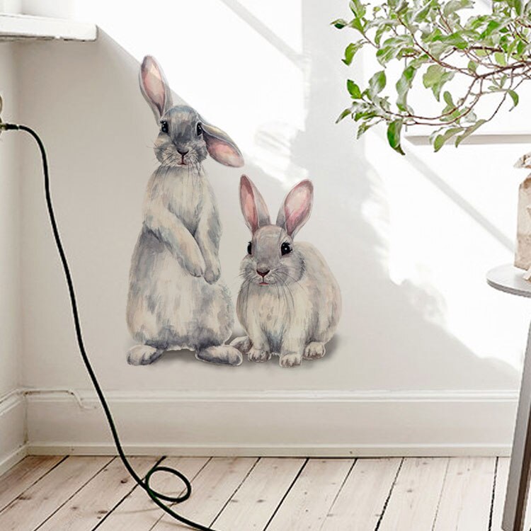Two cute rabbits Wall sticker Children's kids room home decoration removable wallpaper living room bedroom mural bunny stickers